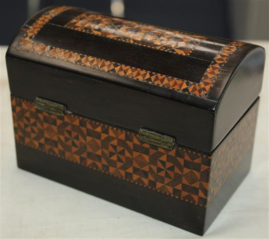 A Tunbridge ware coromandel half square mosaic banded triple scent bottle box, 5.25in.